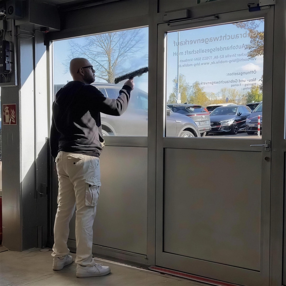 Tugay Balbay bei einer professionellen Fensterreinigung